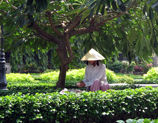 Vietnamese lady in traditional sun hat having lunch in the garden park