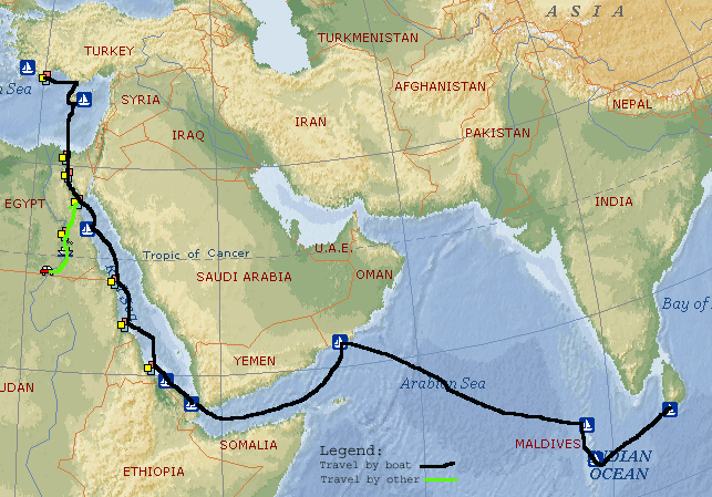 Map of the voyage from Turkey to Sri Lanka